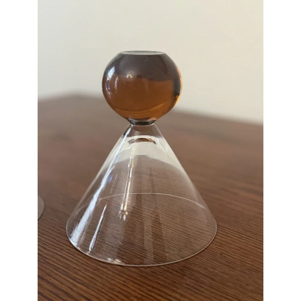 Set of 2 Post Modern Clear Glass Martini Glasses Blue & Amber Ball Base
